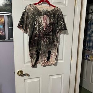 Affliction Black and Pink Cutout Graphic Tee from Buckle